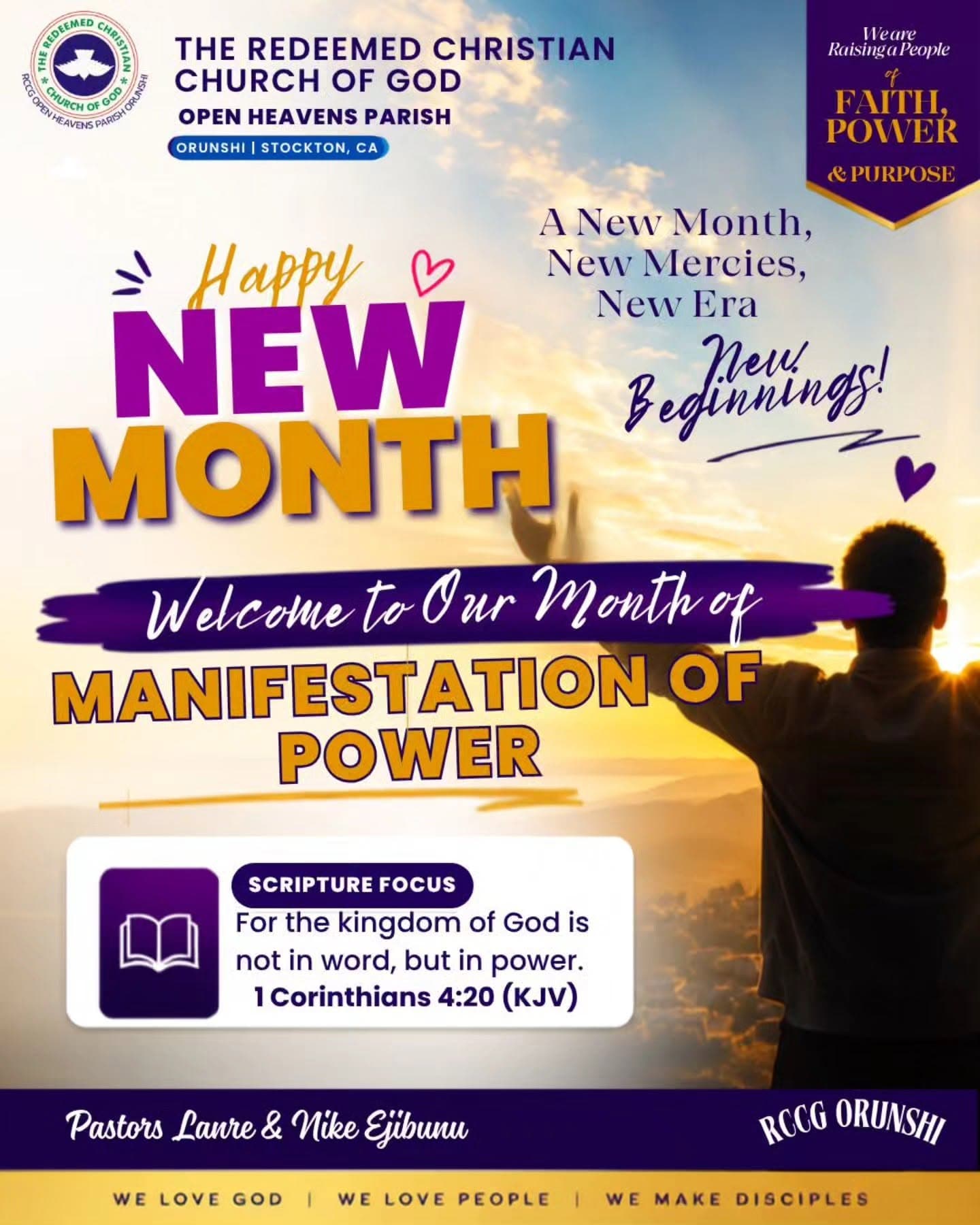 Happy New Month: Manifestation of Power flyer with Pastors Lanre and Nike Ejibunu