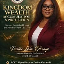 Kingdom Wealth Accumulation & Protection flyer featuring Pastor Lola Olaoye, licensed financial professional