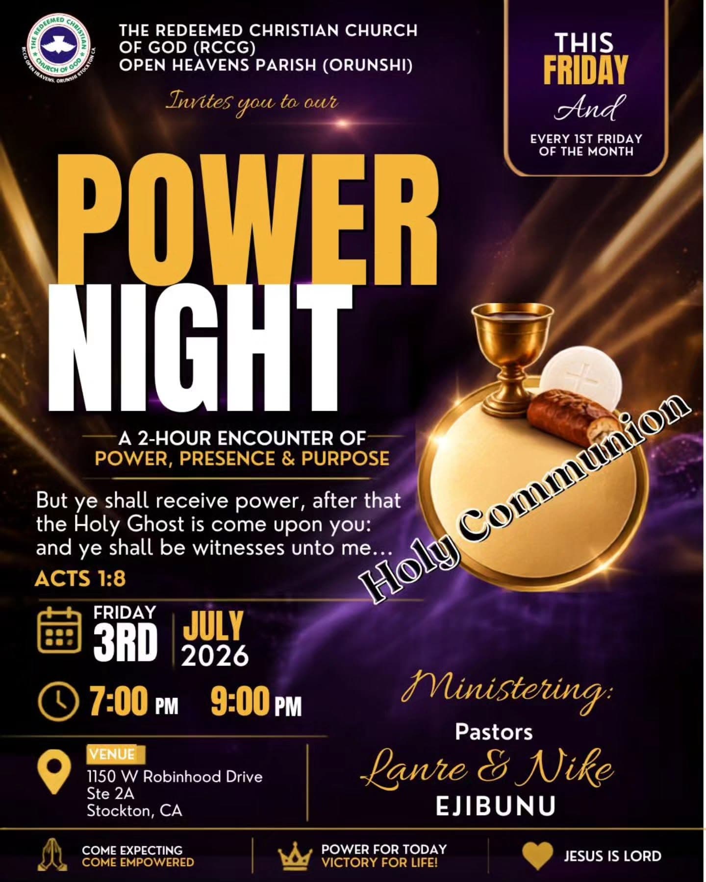 Power Night flyer, a 2-hour encounter of power, presence, and purpose with Holy Communion