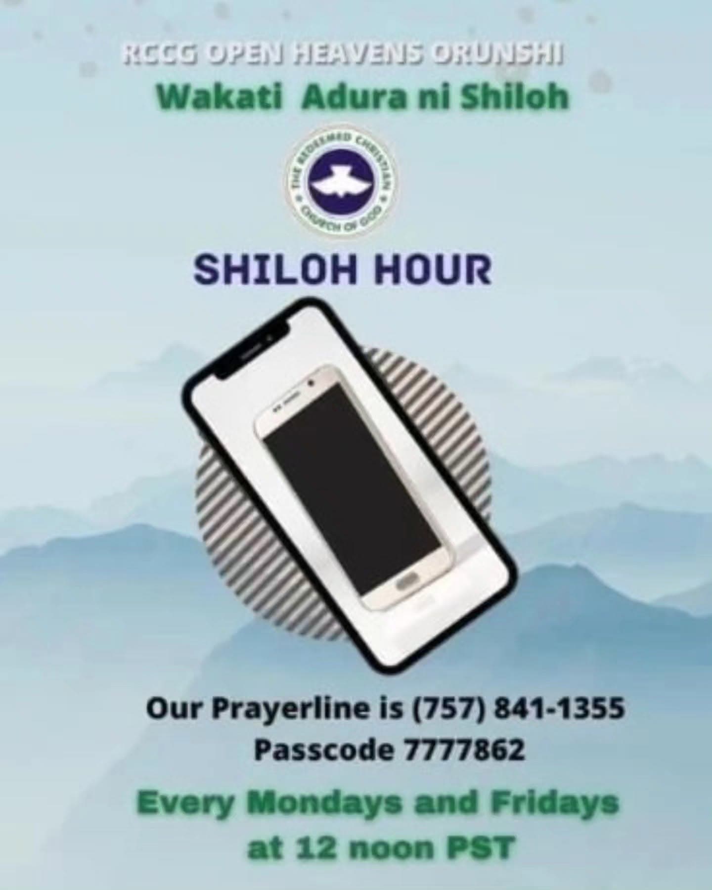 Shiloh Hour prayer line flyer with call-in number and passcode
