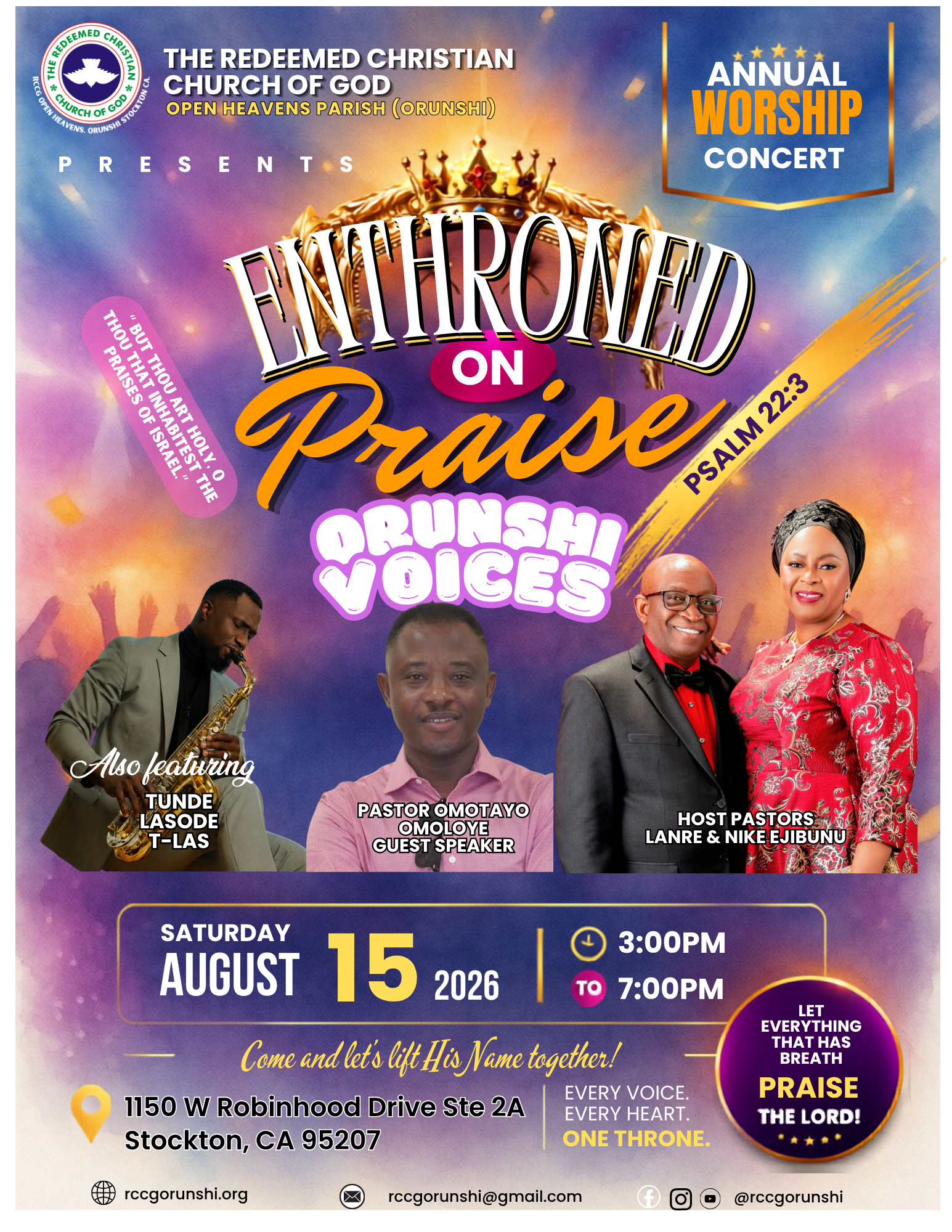 Enthroned on Praise: Orunshi Voices Annual Worship Concert flyer, Saturday August 15, 2026, 3-7 PM, featuring guest speaker Pastor Omotayo Omoloye and Tunde Lasode, hosted by Pastors Lanre and Nike Ejibunu
